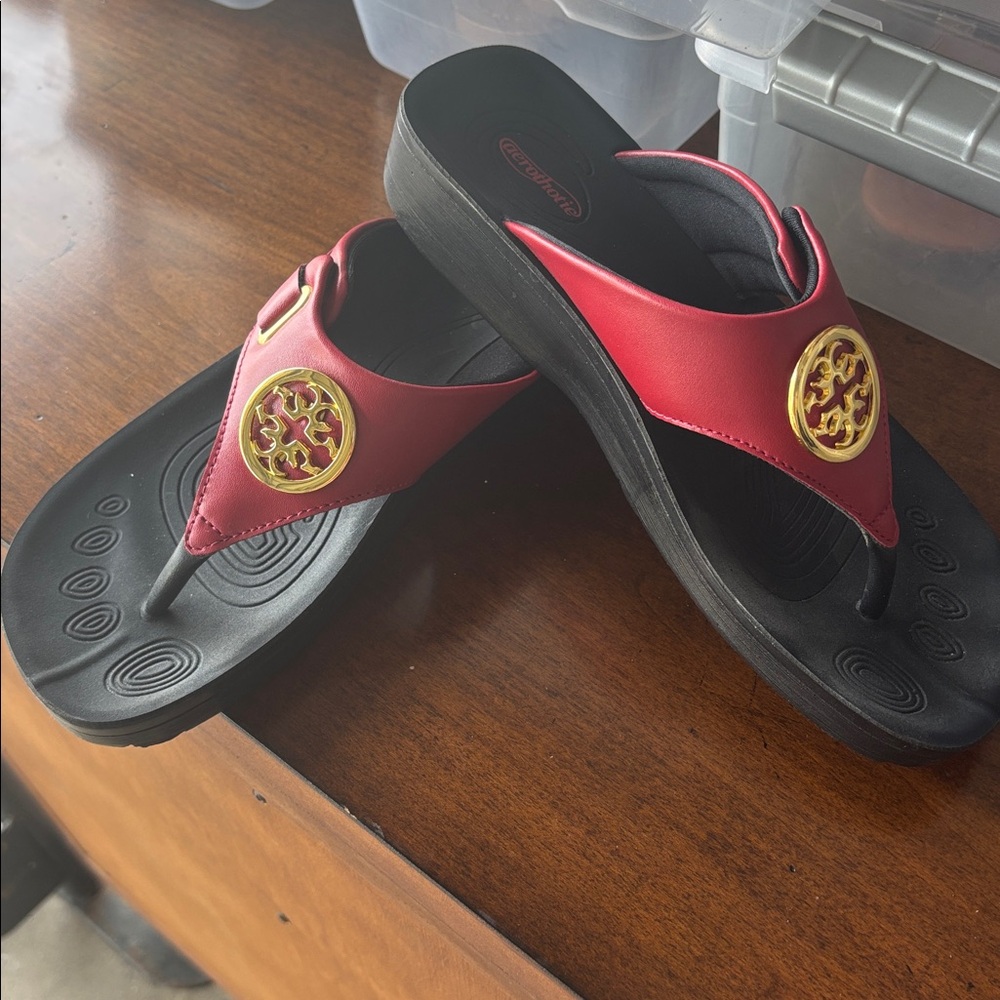 Chic Red and Black Sandals with Gold Detail